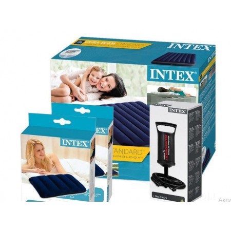 Надувной матрас 137 см Intex Classic Downy серии Dura-Beam с двумя подушками и ручным насосом